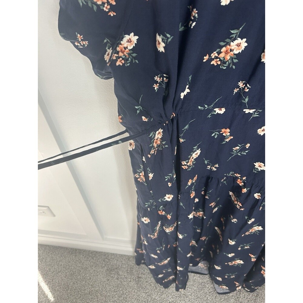 Torrid 2X Navy Floral Button Short Sleeve Ruffle Tie Midi Dress Tiered Plus Size - Picture 6 of 8